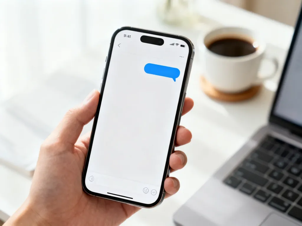 Dłoń trzymająca smartfon z minimalistycznym interfejsem czatu na tle przytulnego biurka.