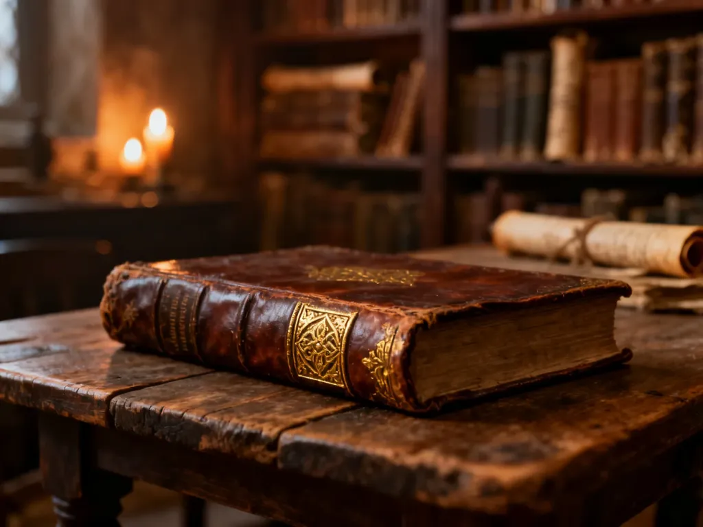 Stara, skórzana księga na drewnianym stole w klimatycznej bibliotece, symbolizująca świat lore i tajemniczych opowieści.